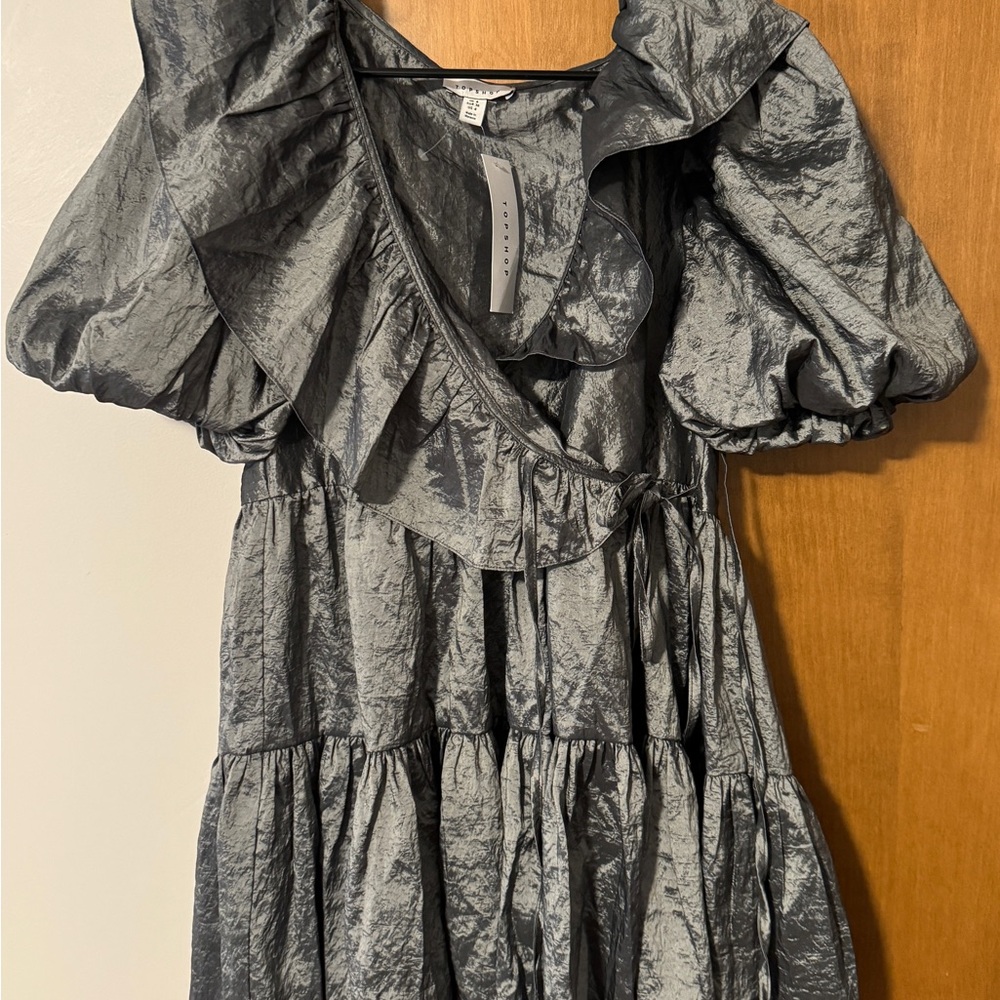 Topshop Metallic Gray Long Sleeve Dress